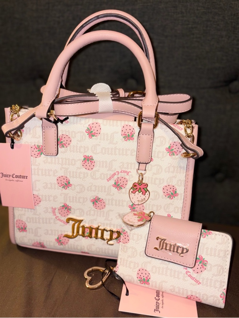 JUICY COUTURE Bag Berry Sweet Mini Tote and Wallet Set - Cream Pink Strawberry